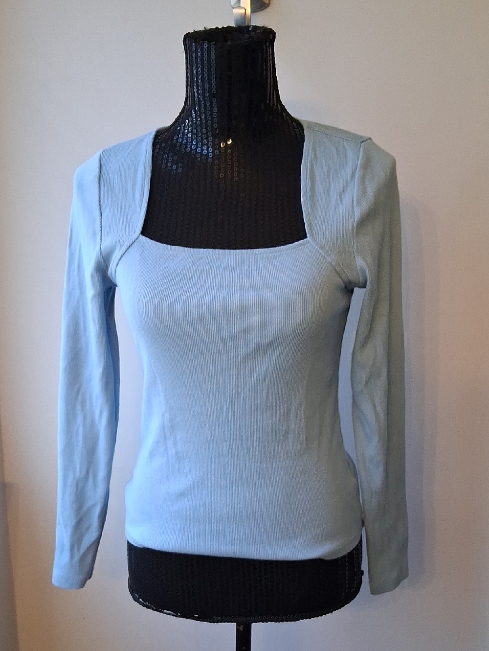 Time and Tru Light Blue Square Neck Ribbed Long Sleeve Top